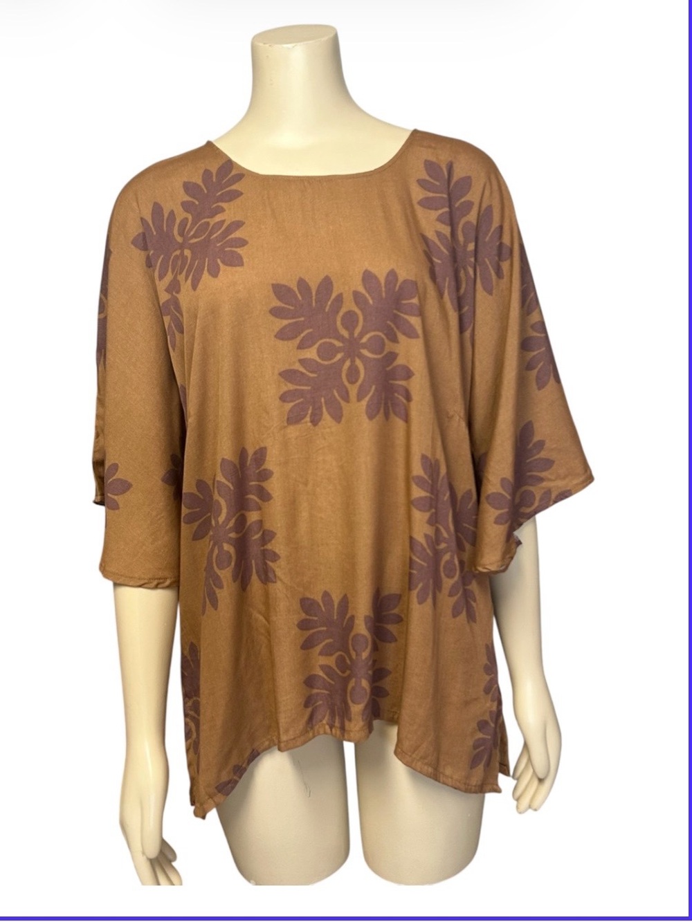Makai Beach Hawaii Womens Top Medium Brown Purple Ulu Quilt NEW